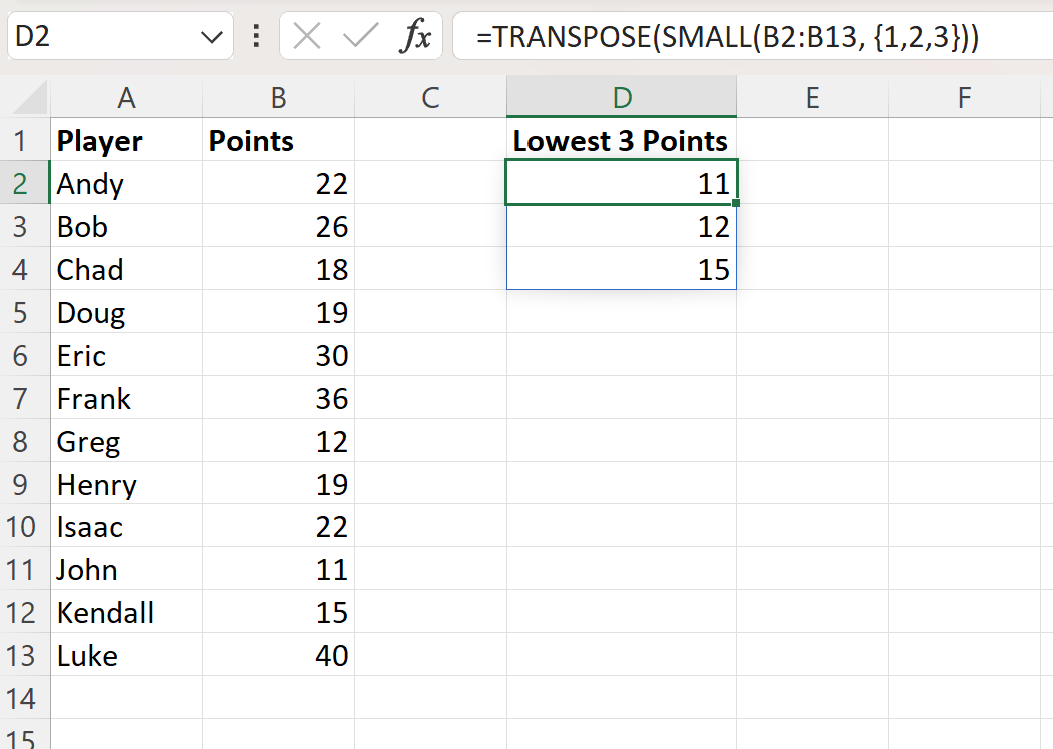 Excel find lowest 3 values
