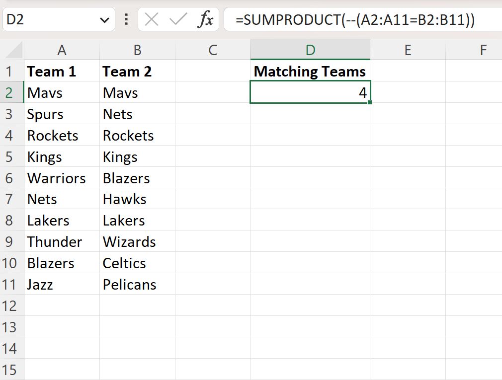 Excel count matches between two columns