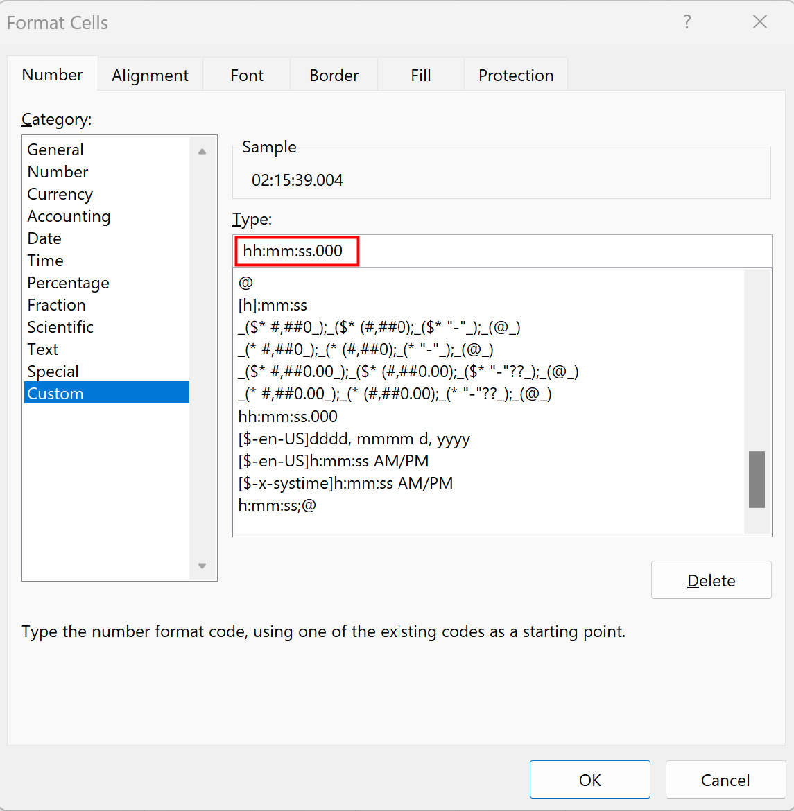 Excel time format with milliseconds