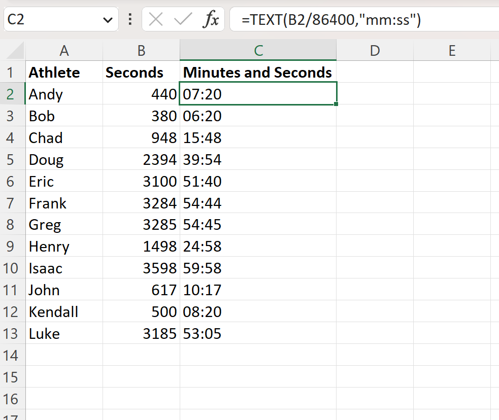 Excel convert seconds to minutes and seconds