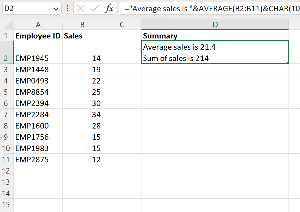 Excel multiple formulas in one cell with output displayed on multiple lines