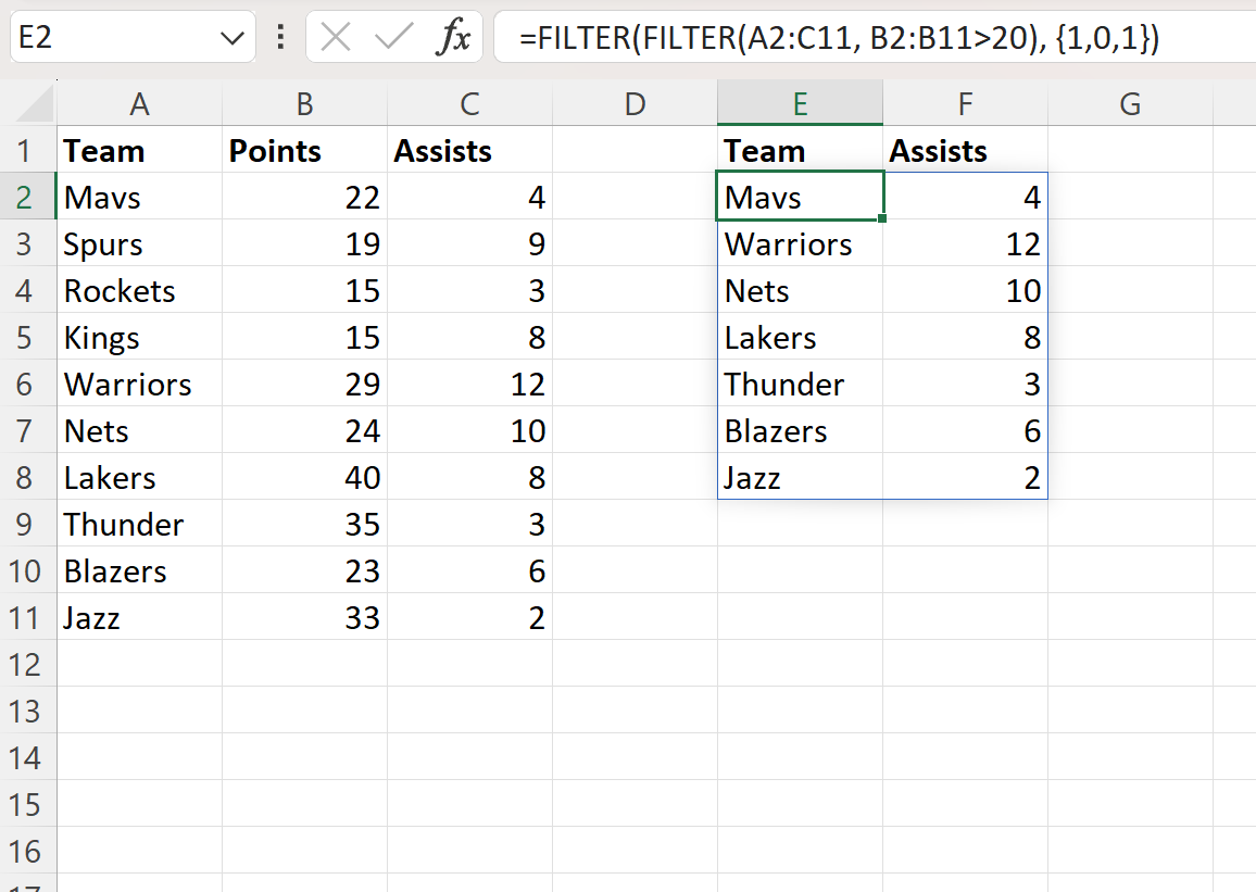 Excel nested FILTER function