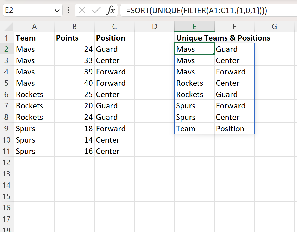 Excel UNIQUE with non-adjacent columns