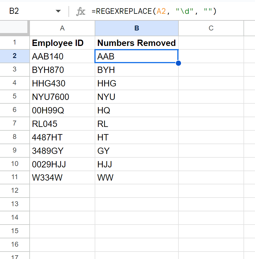 remove numbers from string in Google Sheets