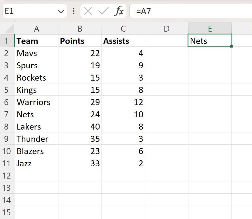 Excel reference text in another cell