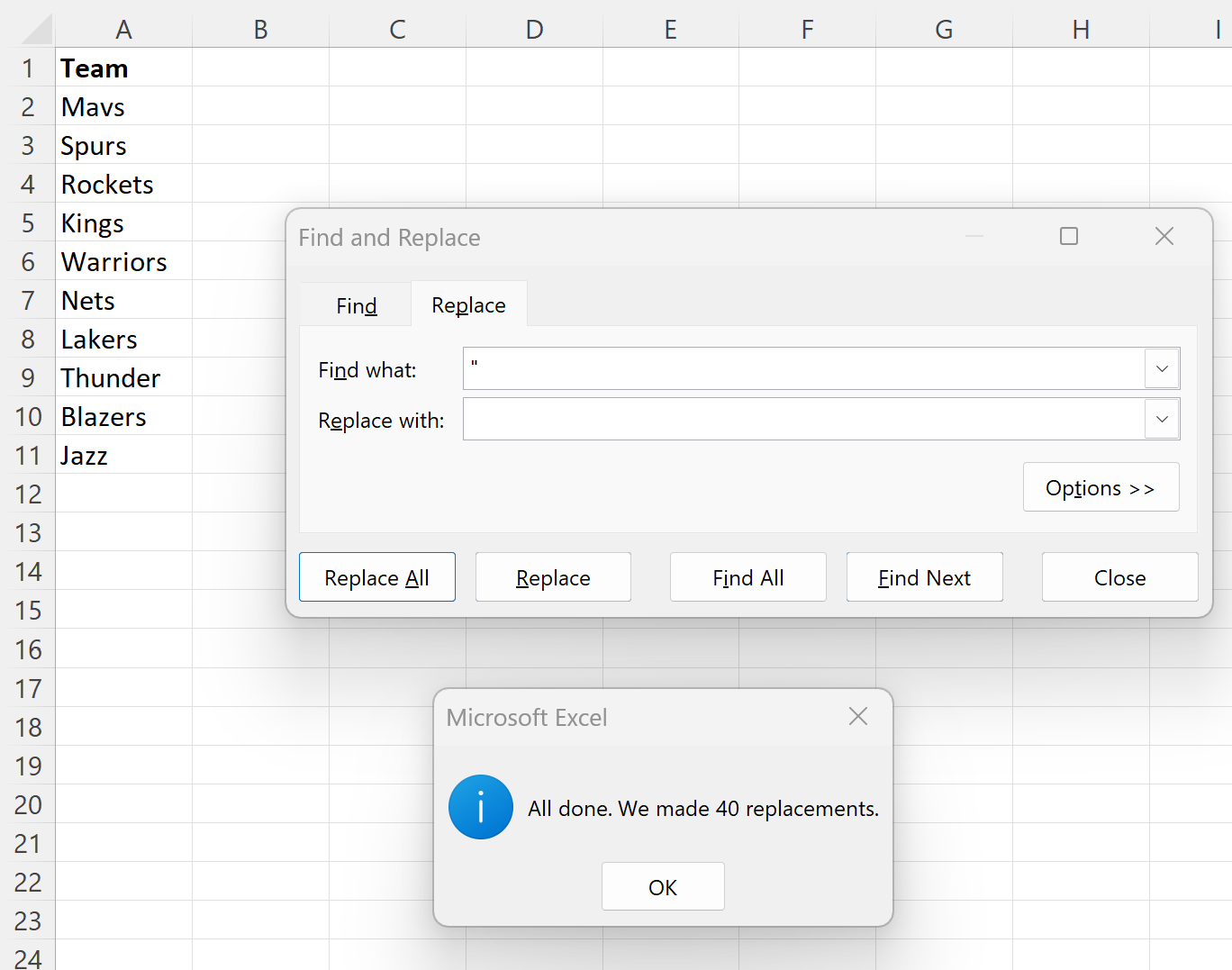 Excel remove quotes using Find and Replace