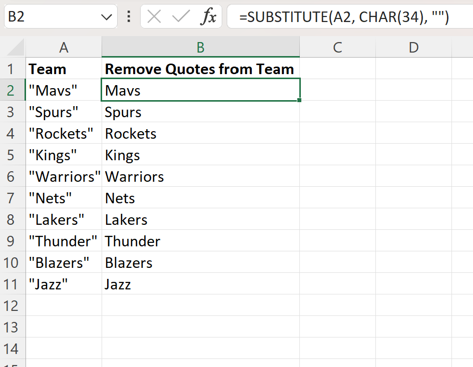 Excel remove quotes from cell using SUBSTITUTE function