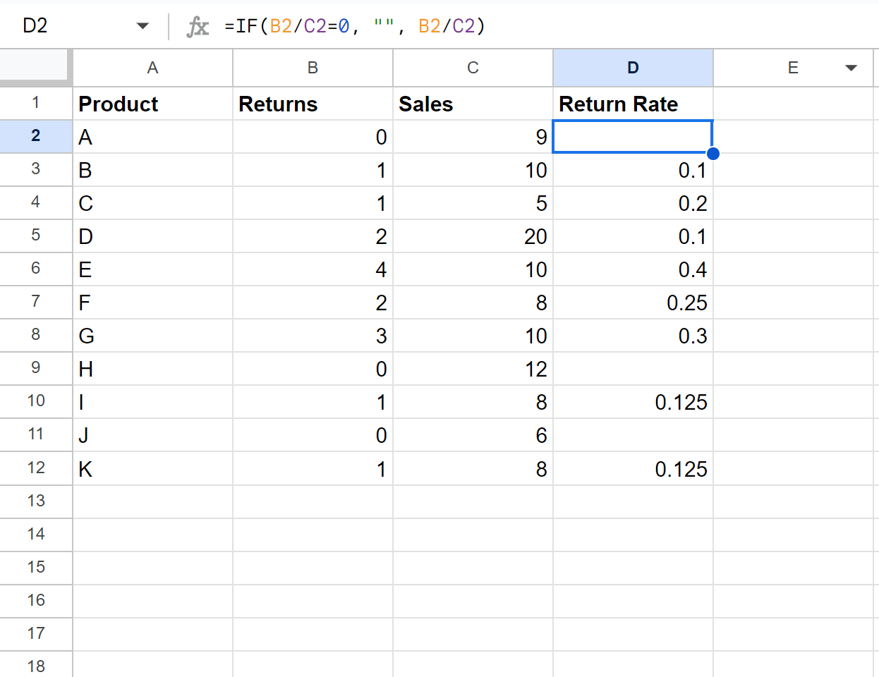 Google Sheets if zero then blank