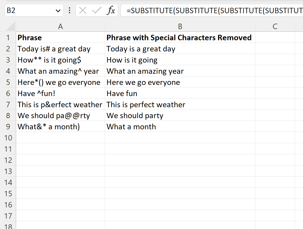 Excel remove special characters