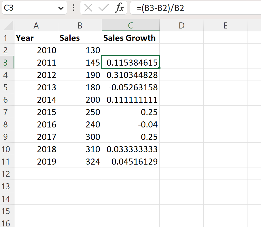 calculate sales growth in Excel