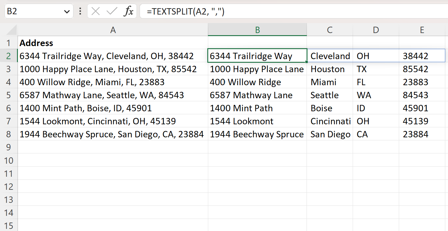 Excel split address into multiple cells