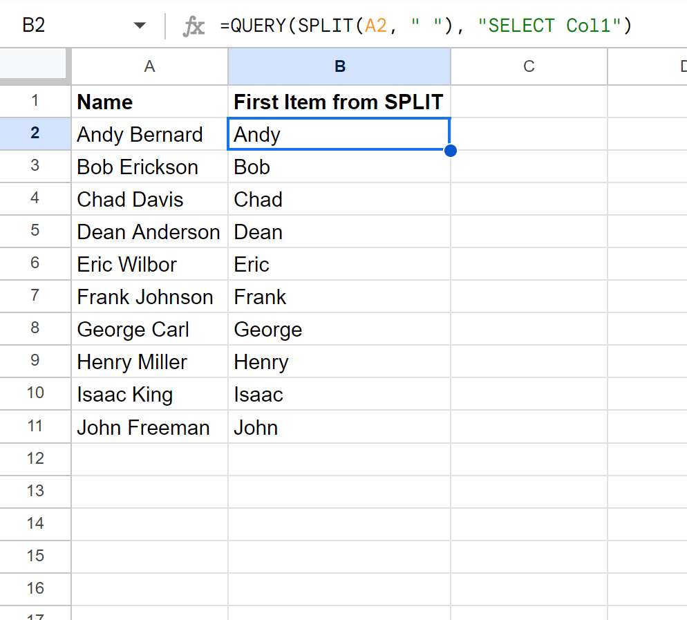 Google Sheets SPLIT get first