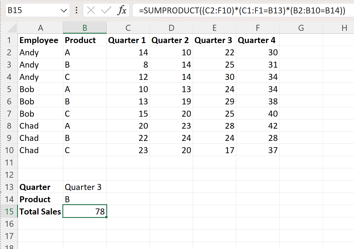 Excel SUMPRODUCT with row and column criteria