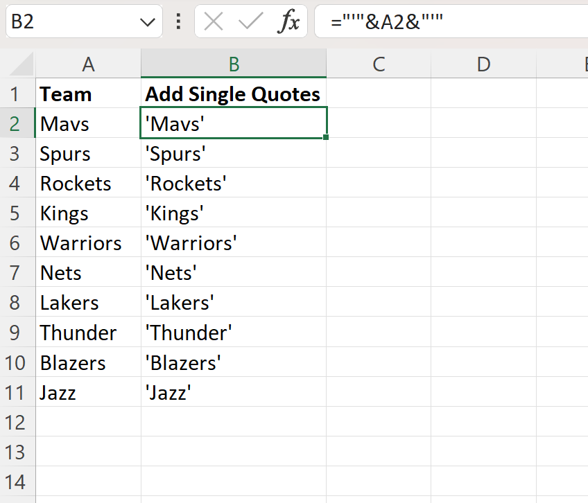 Excel add single quotes