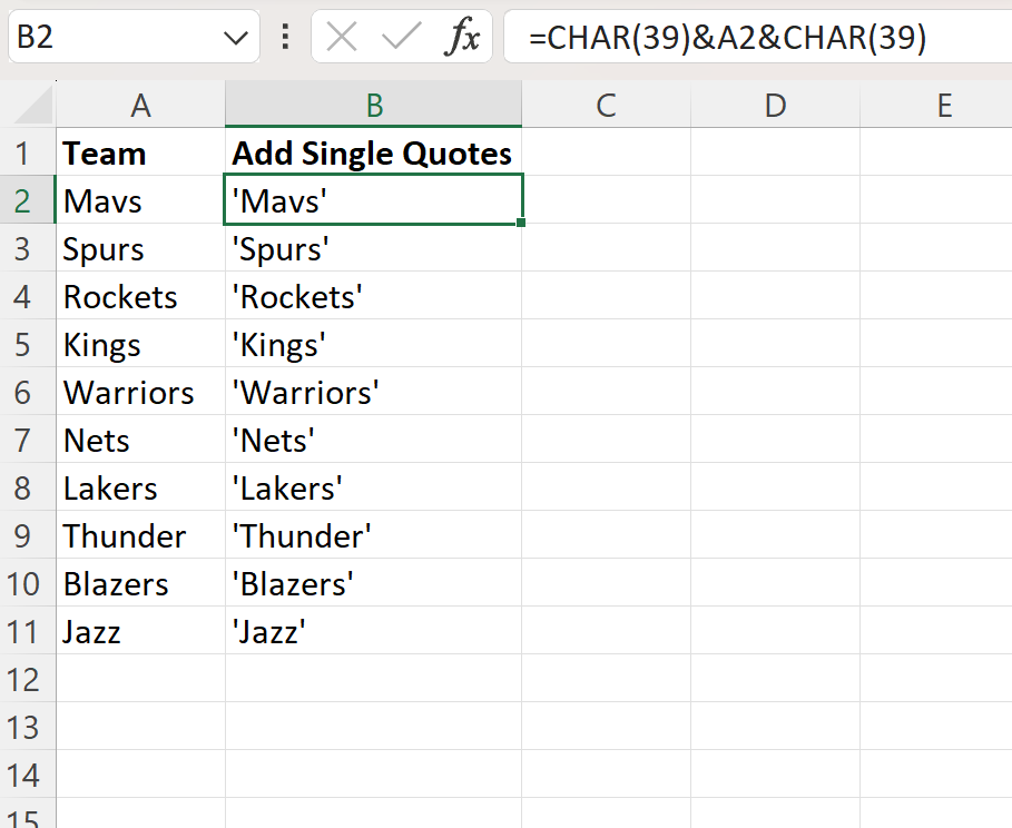 Excel add single quotes to text using CHAR(39) character code
