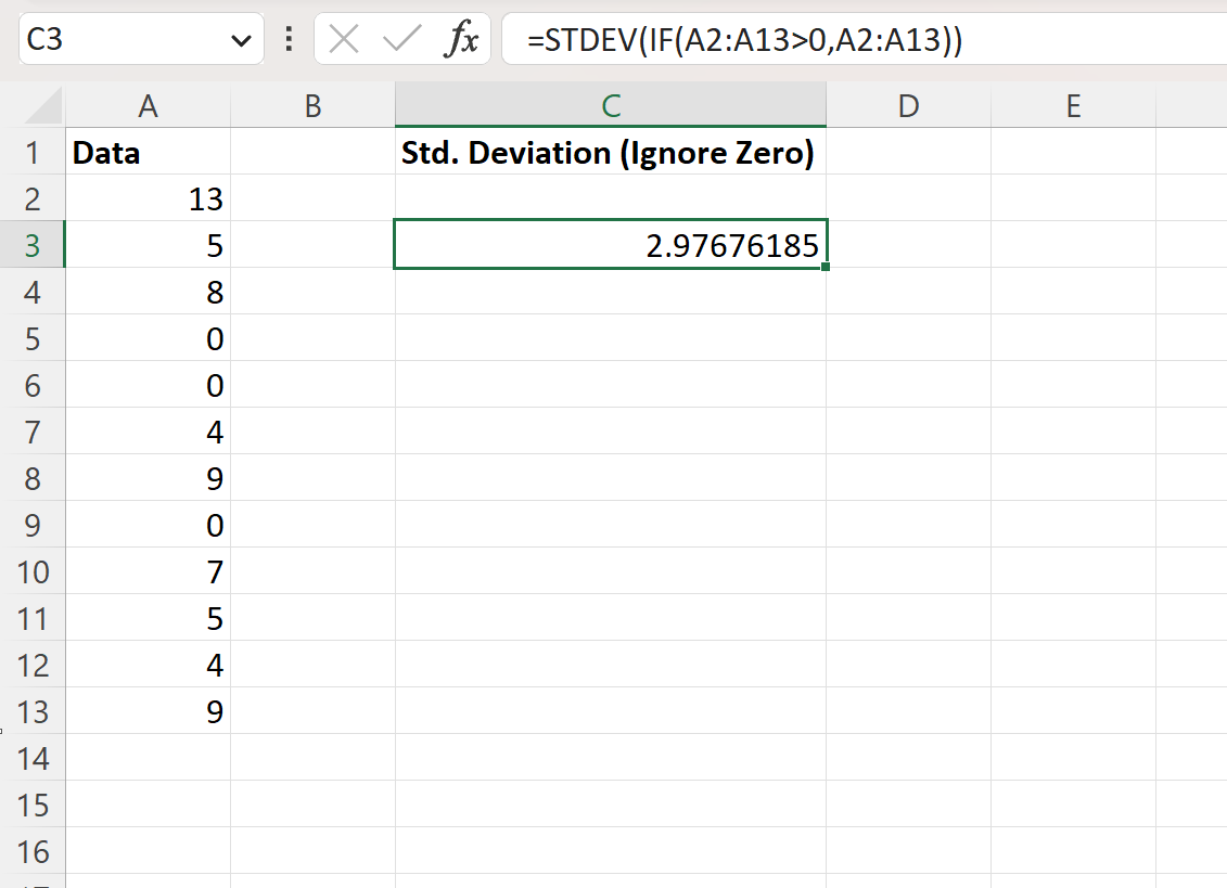 Excel calculate standard deviation and ignore zero