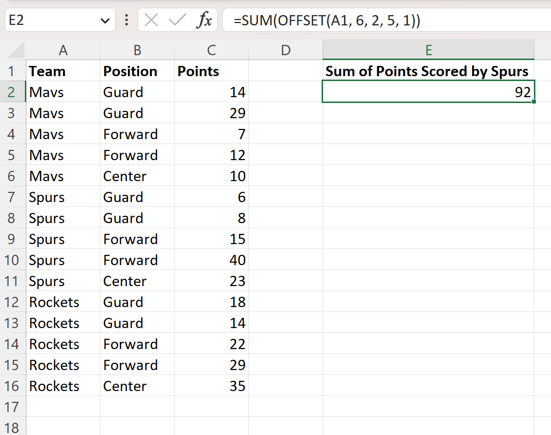 Excel SUM and OFFSET
