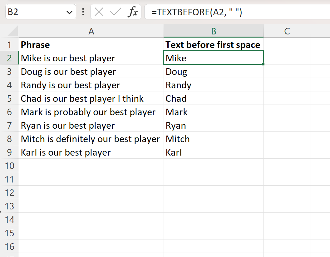 Excel extract text before first space using TEXTBEFORE function