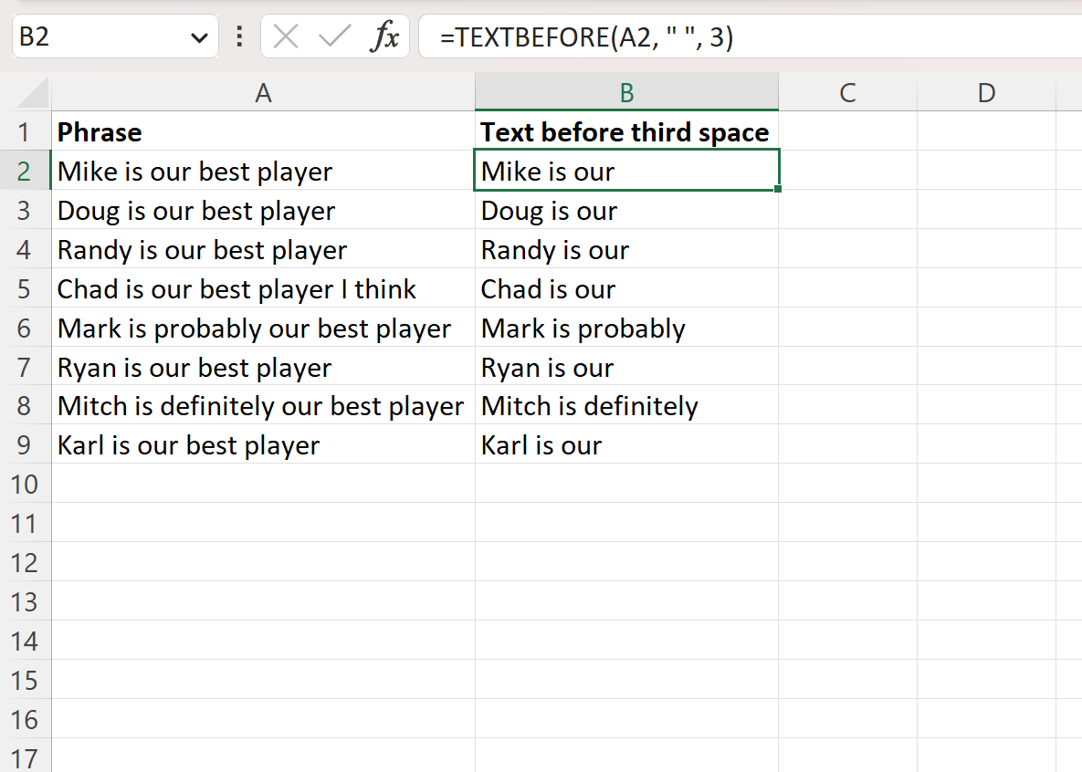 Excel extract text before nth space using TEXTBEFORE function