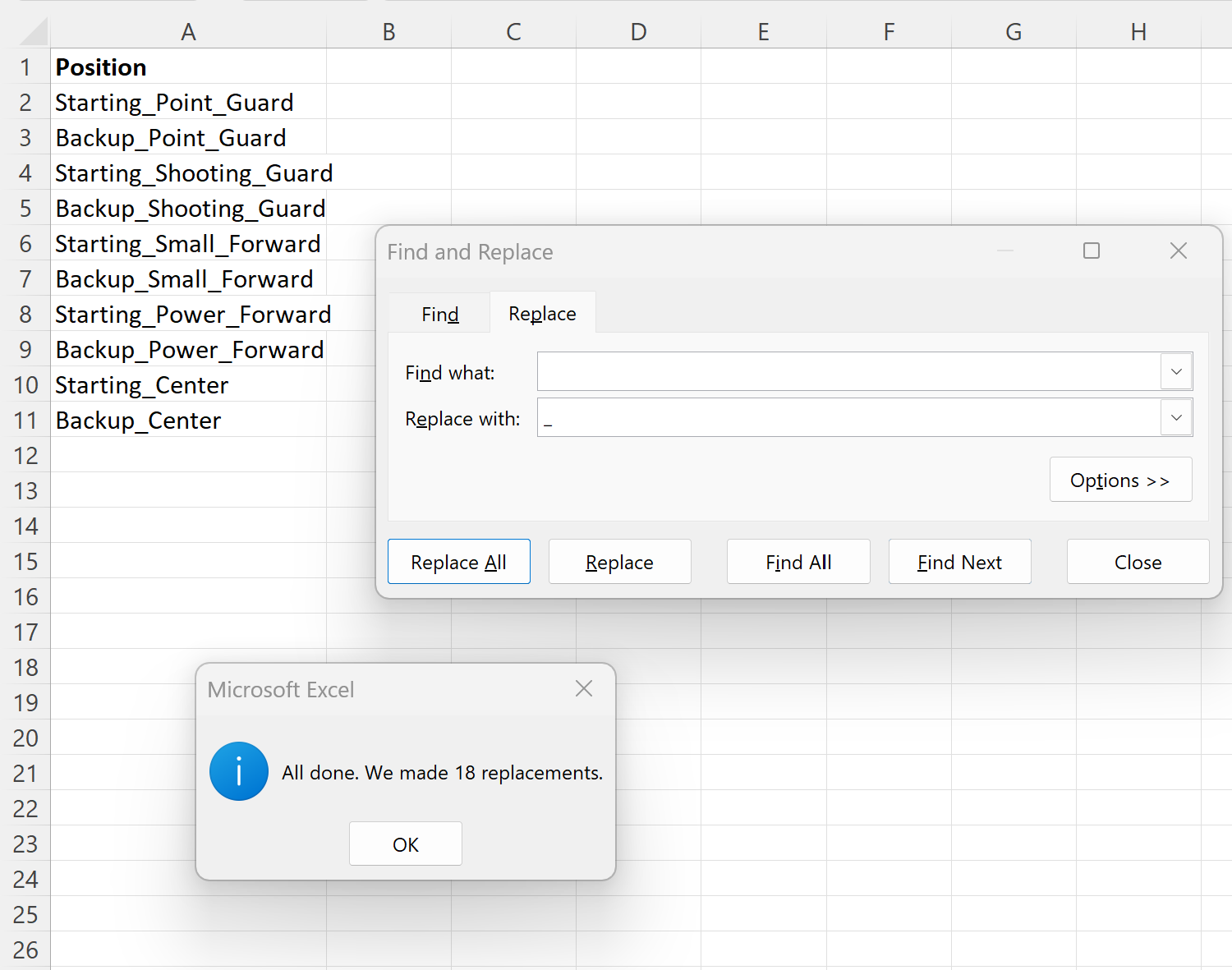 Excel replace space with underscore using Find and Replace