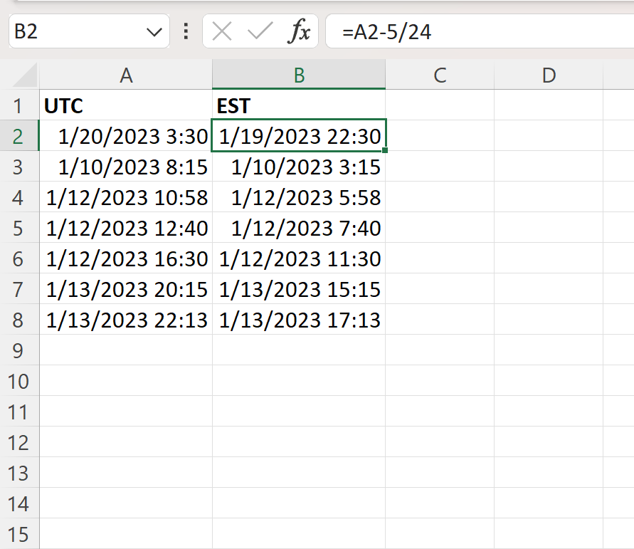 Excel convert UTC to EST