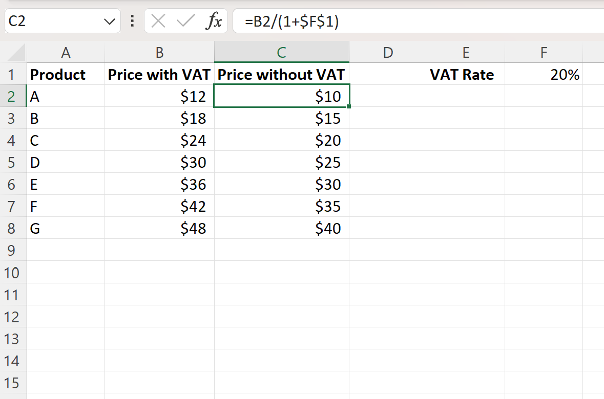 Excel remove VAT from price