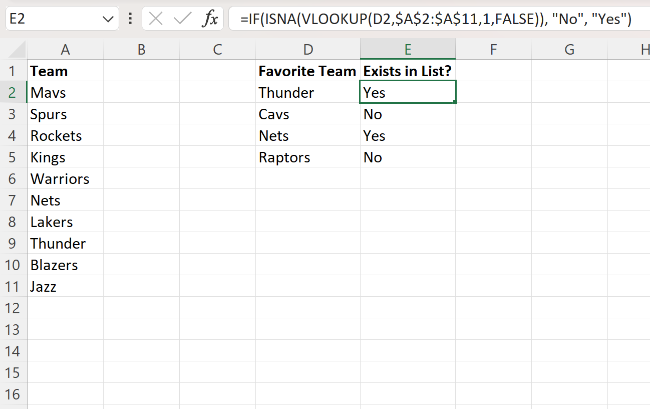 Excel VLOOKUP return yes or no